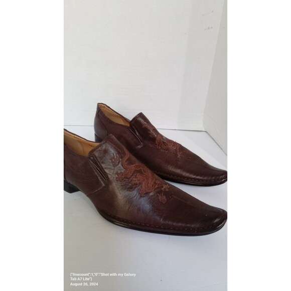 Elegant Brown Leather Slip-On Dress Shoes with Embroidered Detail Square‎ Toe main image 5